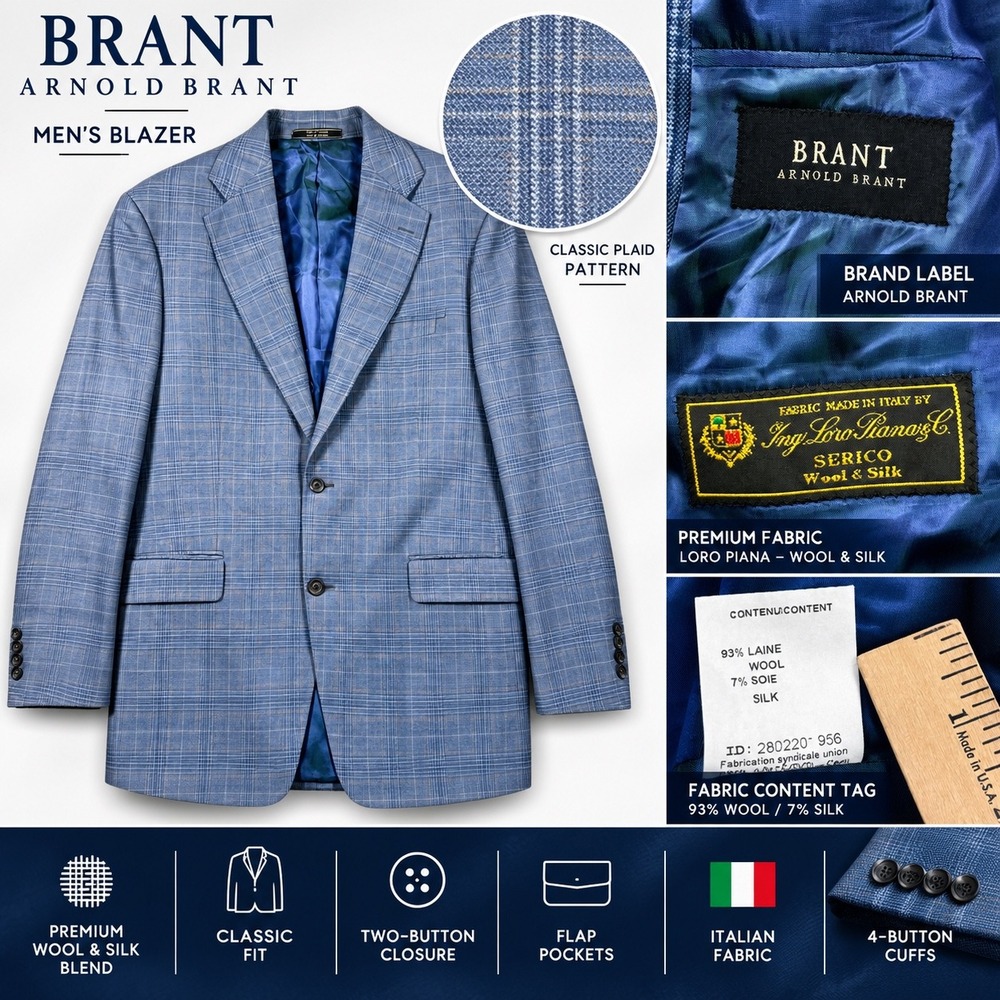 Loro Piana Serico Wool Silk Sport Coat Mens 40R Blue Plaid Windowpane Blazer